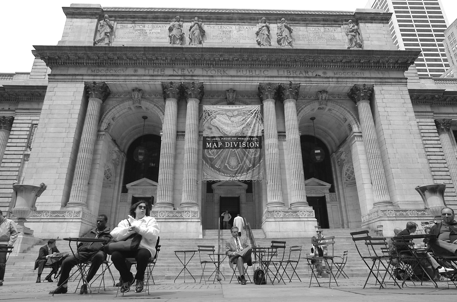 The grand entrance to New York Public Library from A Union Square Demo, Bryant Park and Columbus Circle, New York, US - 2nd May 2006