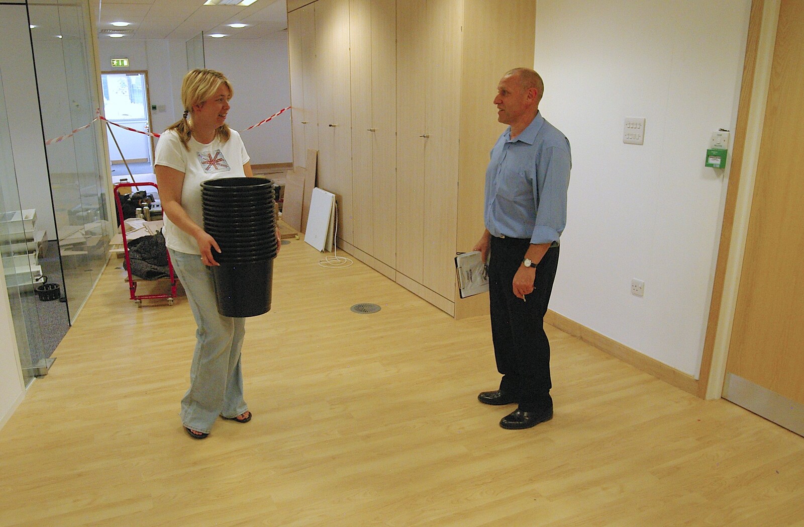 Clare wanders around armed with bins from Qualcomm Moves Offices, Milton Road, Cambridge - 26th July 2006