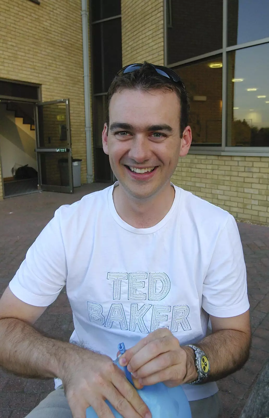 James W tries helium snorting, from Qualcomm's New Office Party, Science Park, Milton Road, Cambridge - 3rd July 2006