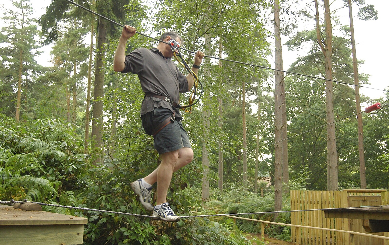 Dave B on a wire from Qualcomm Cambridge "Go Ape", High Lodge, Thetford Forest - 27th July 2006