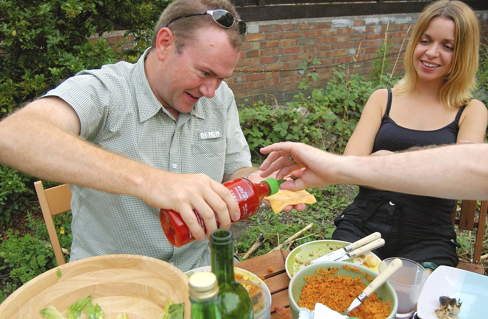 Hot Sriracha from Cho Mee is applied from A Kingston Street Barbeque with Rachel and Sam, North Romsey, Cambridge- 2nd August 2006