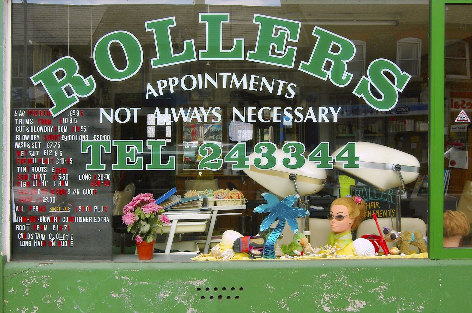 Rollers: A hairdresser's window on Mill Road from A Kingston Street Barbeque with Rachel and Sam, North Romsey, Cambridge- 2nd August 2006