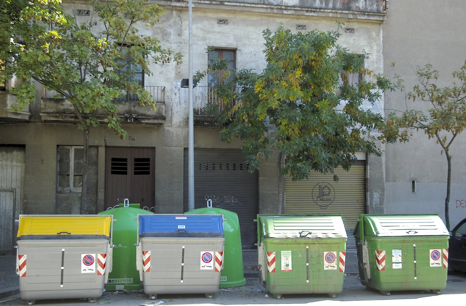 Multi-coloured bins in the street from Girona, Catalunya, Spain - 17th September 2006