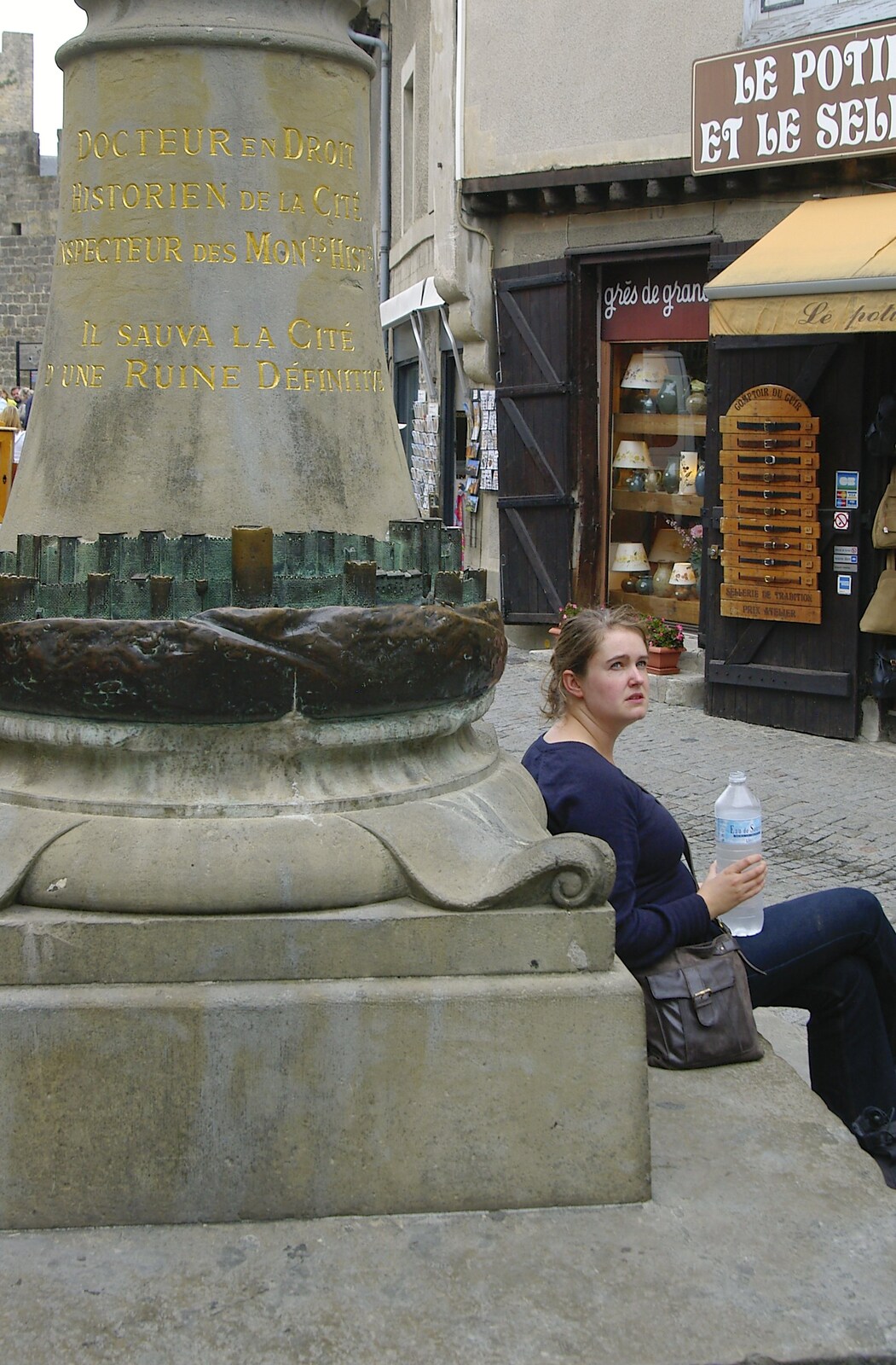 Isobel sits on a monument from A Couple of Days in Carcassonne, Aude, France - 21st September 2006
