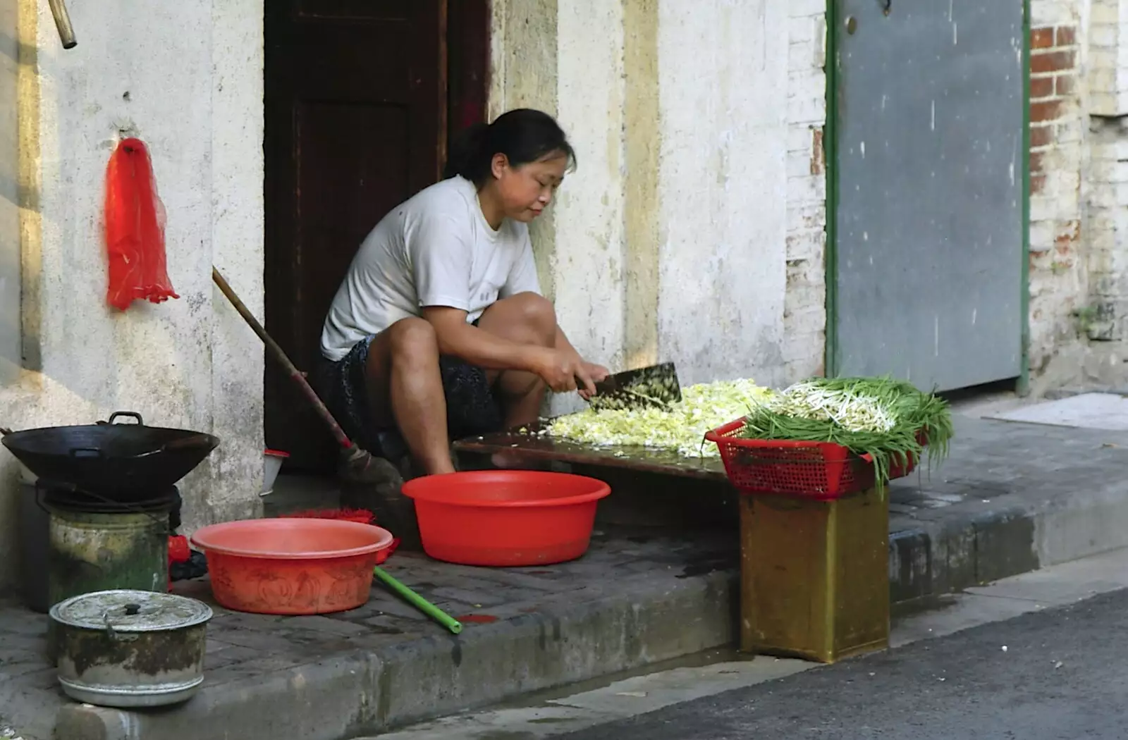 Outside a house, a woman chops vegetables, from A Few Days in Nanjing, Jiangsu Province, China - 7th October 2006