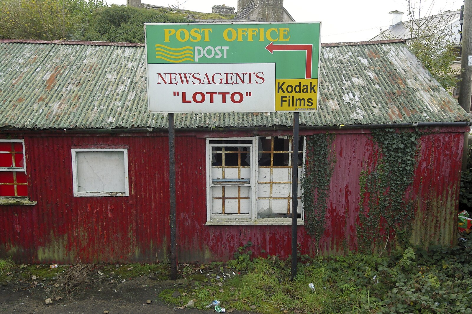 A derelict hut, and a sign for a post office from Corofin, Ennistymon and The Burran, County Clare, Western Ireland - 27th October 2006