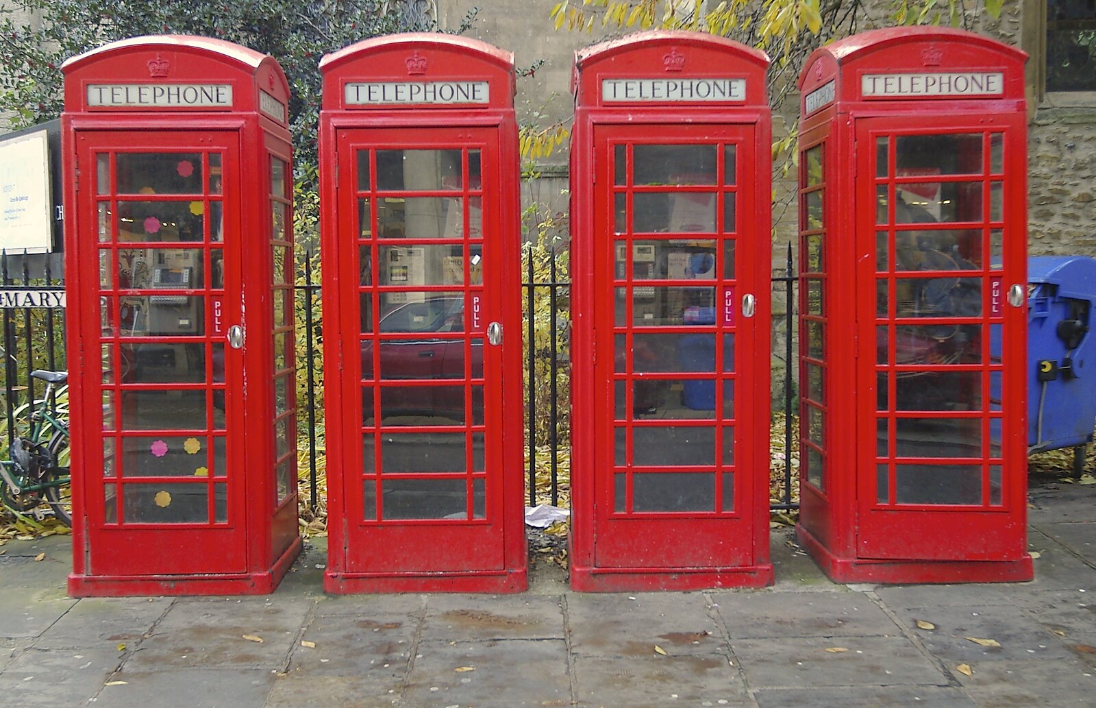 Four K6 phone boxes in a row from Autumn Colleges: a Wander around The Backs, Cambridge - 26th November