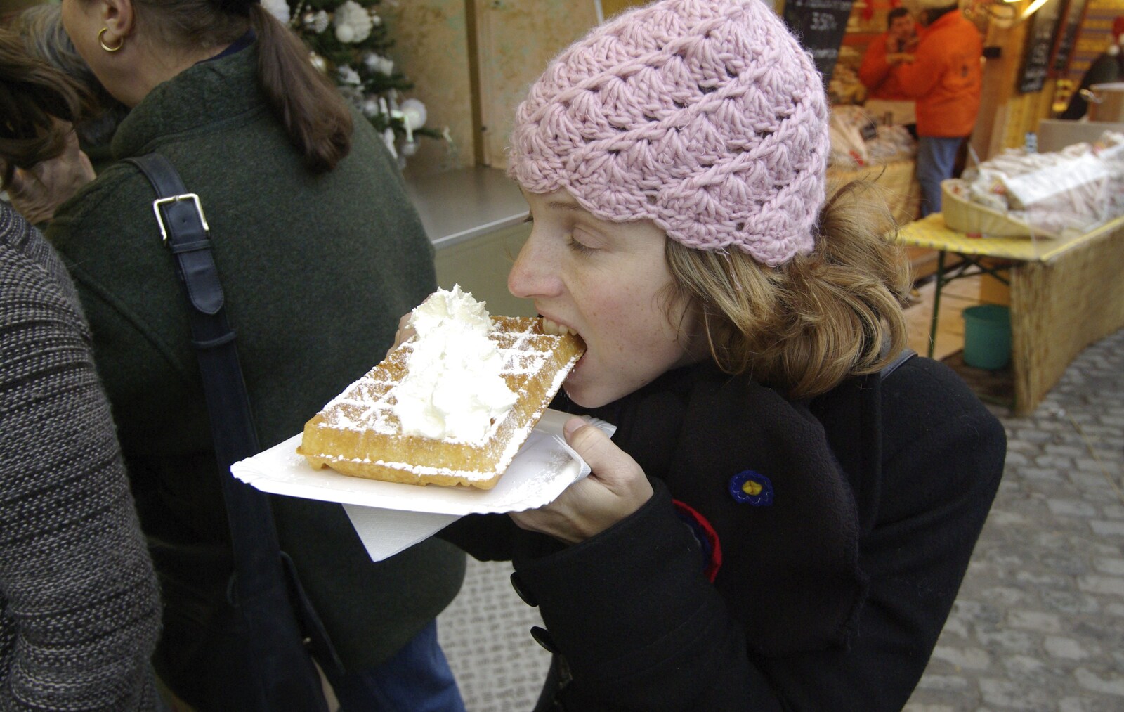 Jules scoffs a waffle with cream from The Christmas Markets of Brussels, Belgium - 1st January 2007