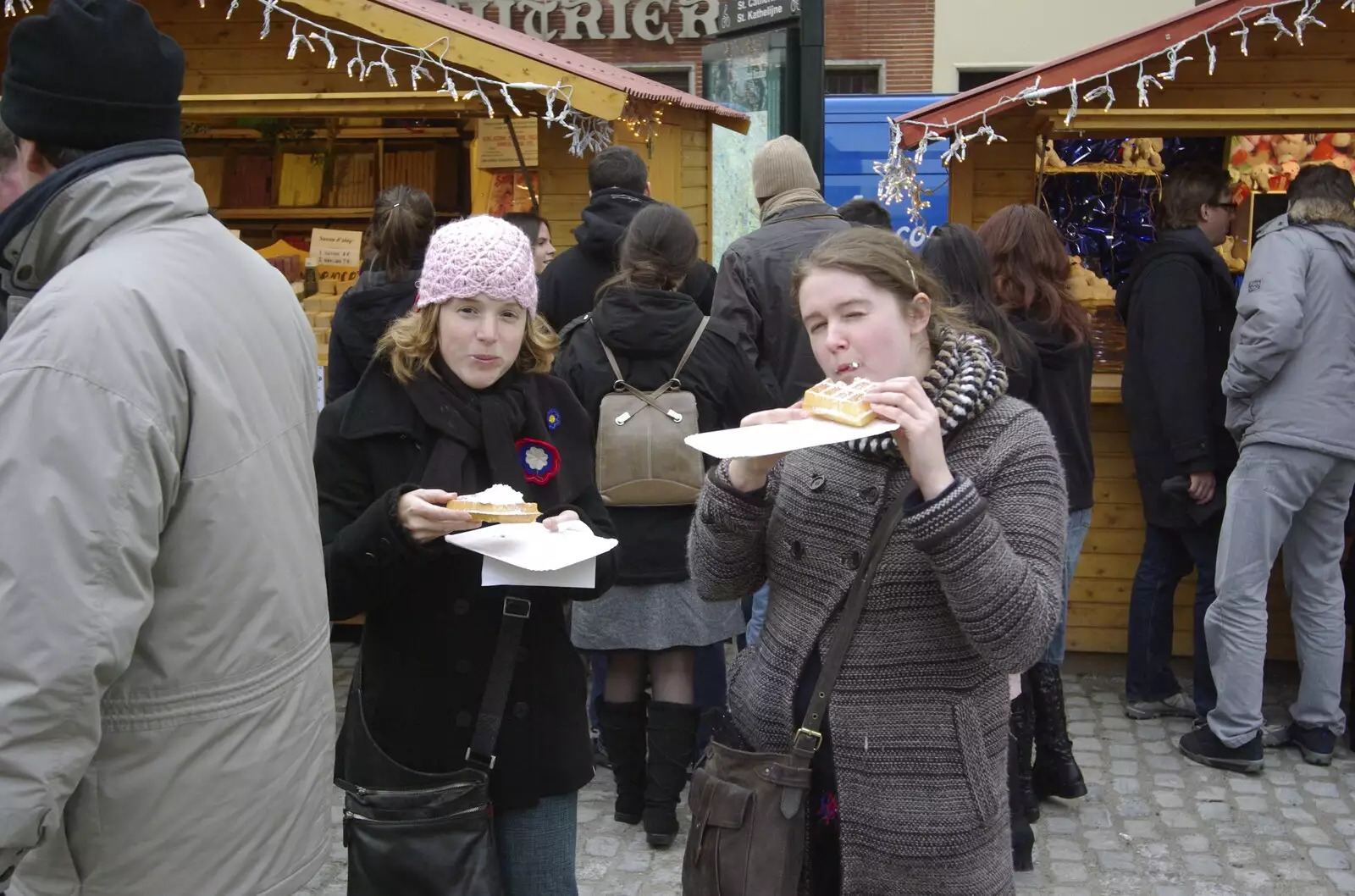 Jules and Isobel munch on waffles, from The Christmas Markets of Brussels, Belgium - 1st January 2007