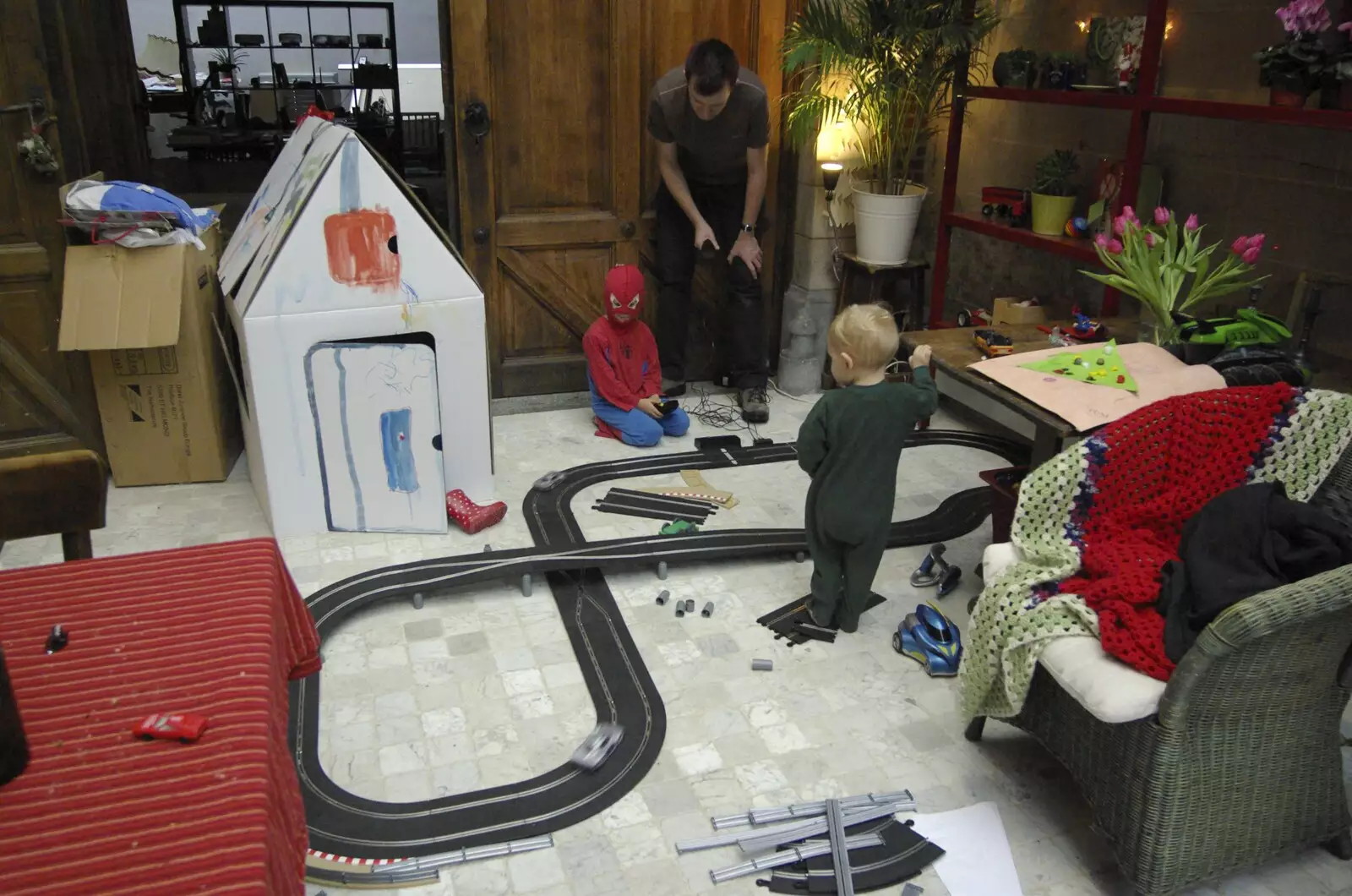 Nosher helps the boys with Scalextric, from The Christmas Markets of Brussels, Belgium - 1st January 2007