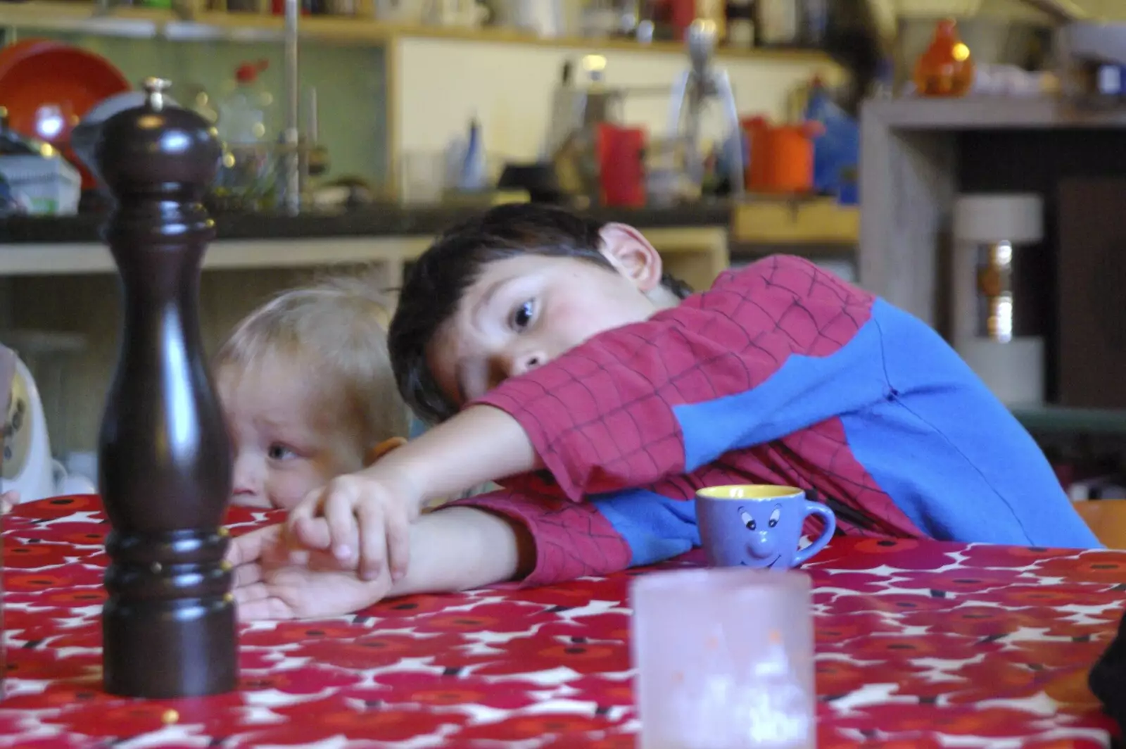 Kai and Natan on the kitchen table, from The Christmas Markets of Brussels, Belgium - 1st January 2007