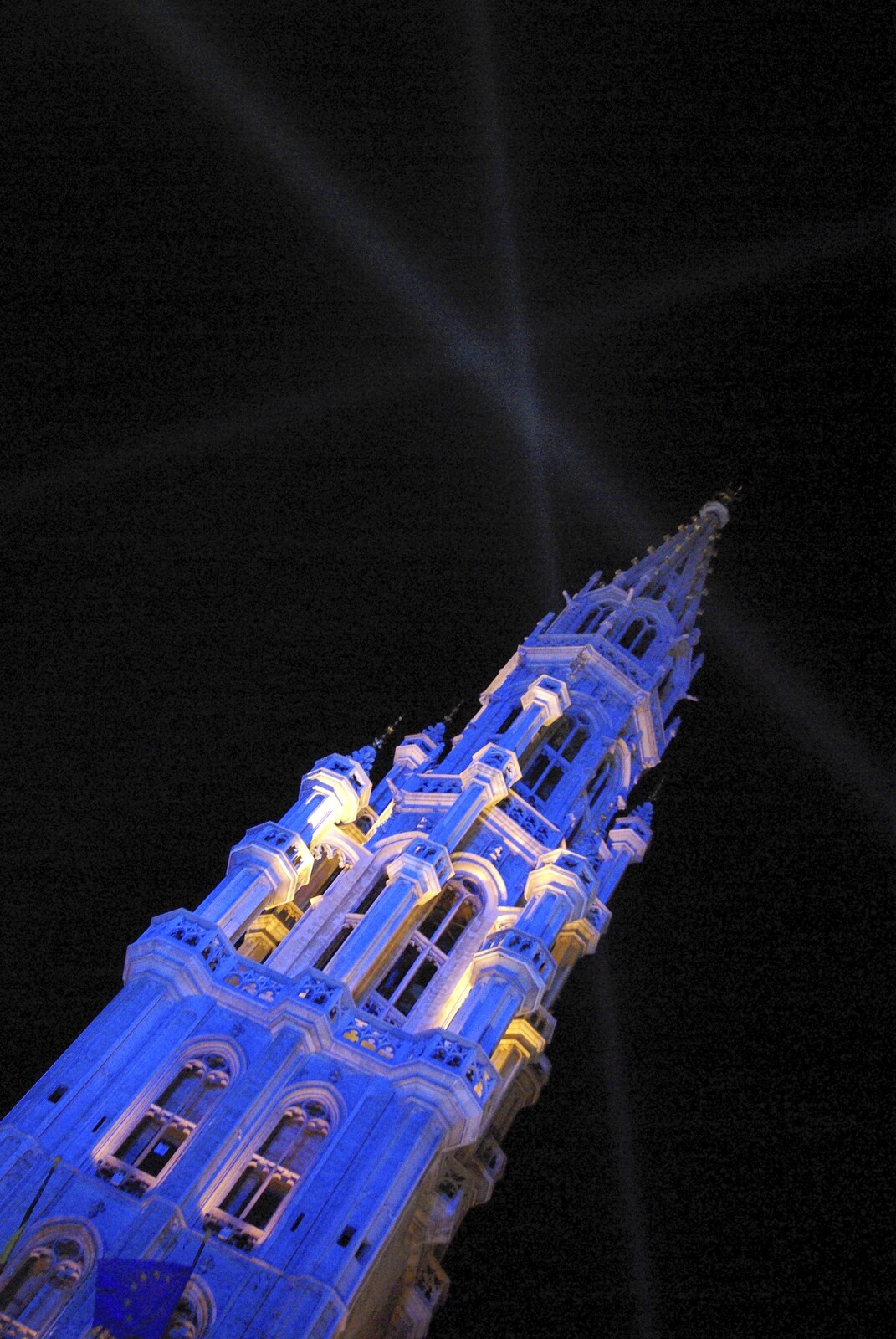 Searchlights shine from a tower from The Christmas Markets of Brussels, Belgium - 1st January 2007