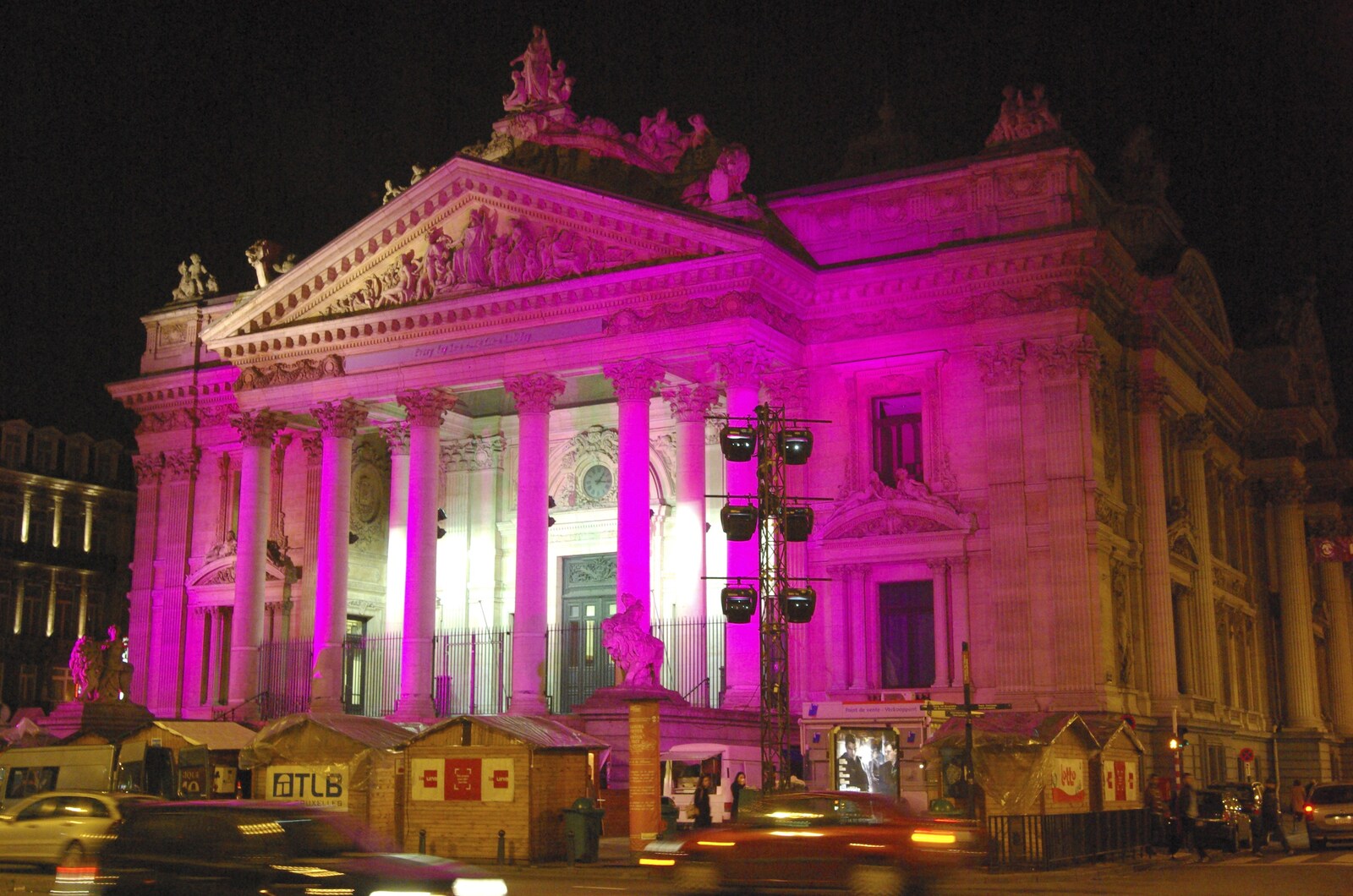 A grand building lit up in pink from The Christmas Markets of Brussels, Belgium - 1st January 2007