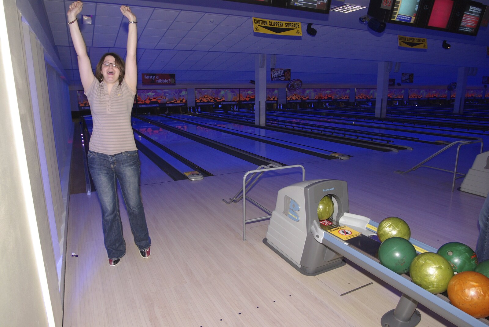 Annie makes another spare as the lanes go dark from Ten-pin Bowling and Birthdays, Cambridge Leisure Park, Cambridge - 17th February 2007