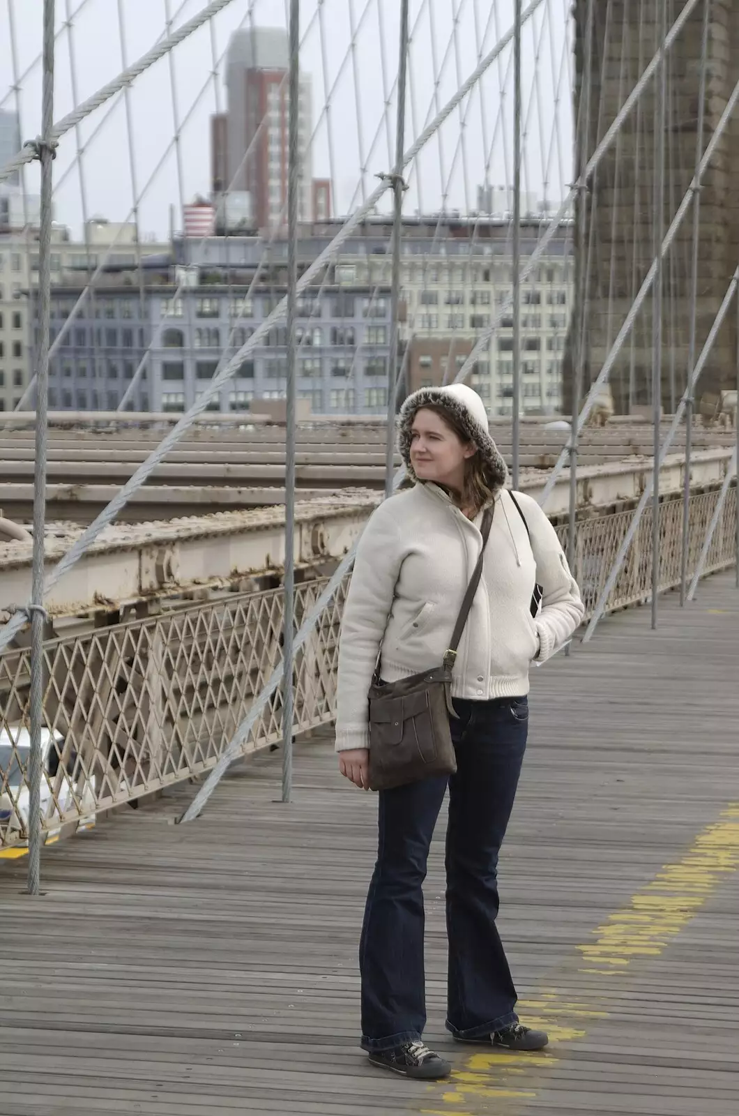 Isobel pauses, from Crossing Brooklyn Bridge, New York, US - 26th March 2007