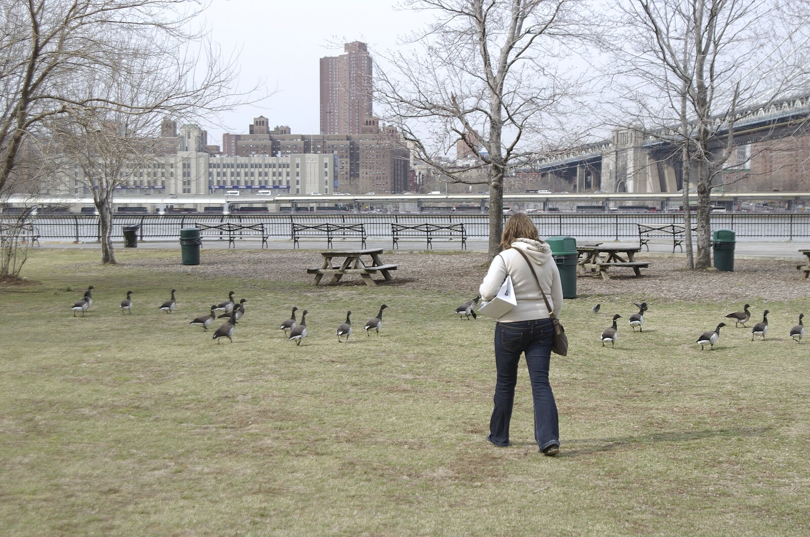 Crossing Brooklyn Bridge, New York, US - 26th March 2007: Isobel chases the geese