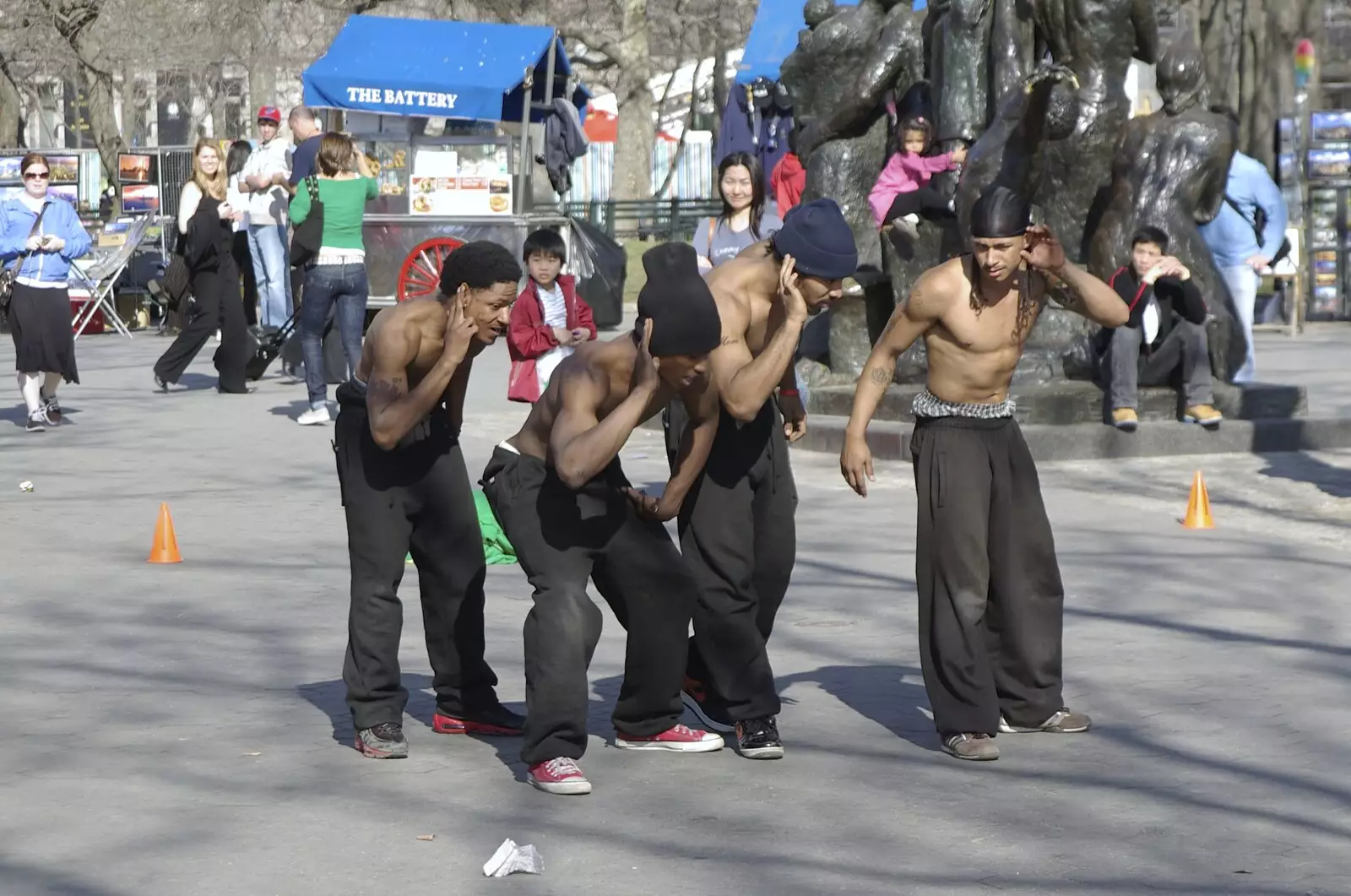 A break-dancing troupe perform in Battery Park, from Liberty Island, A Helicopter Trip and Madison Square Basketball, New York, US - 27th March 2007