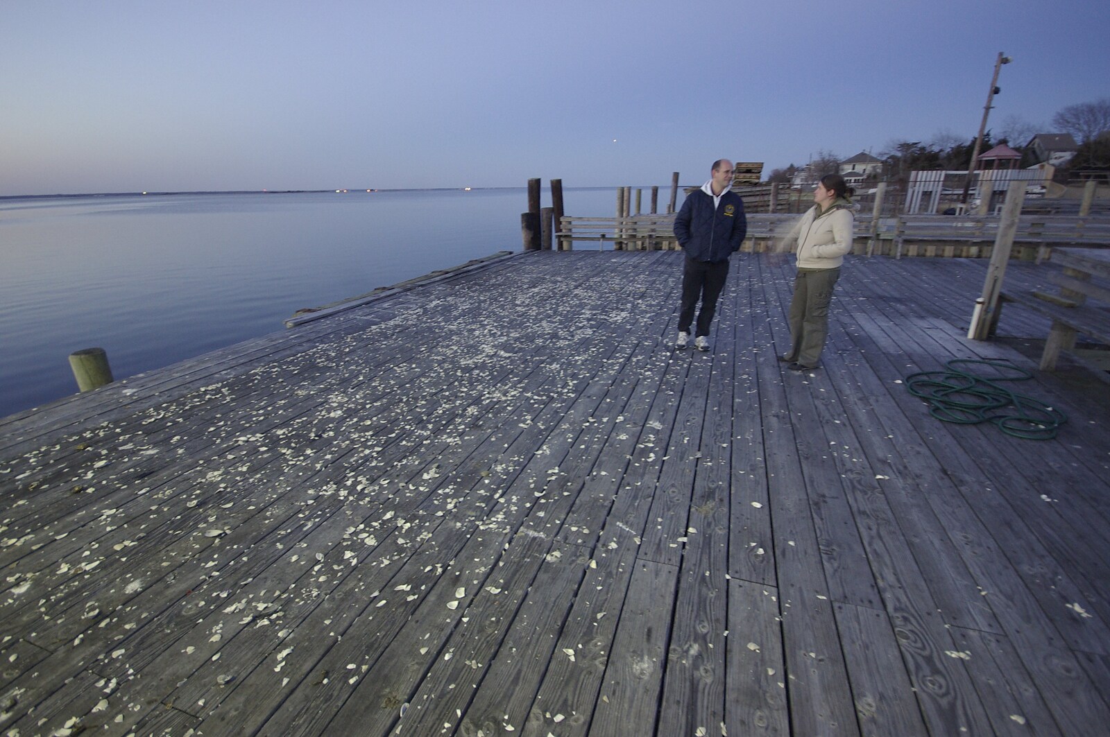 A Return to Fire Island, Long Island, New York State, US - 30th March 2007: Phil and Isobel on a pier covered by sea-shells broken open by seagulls