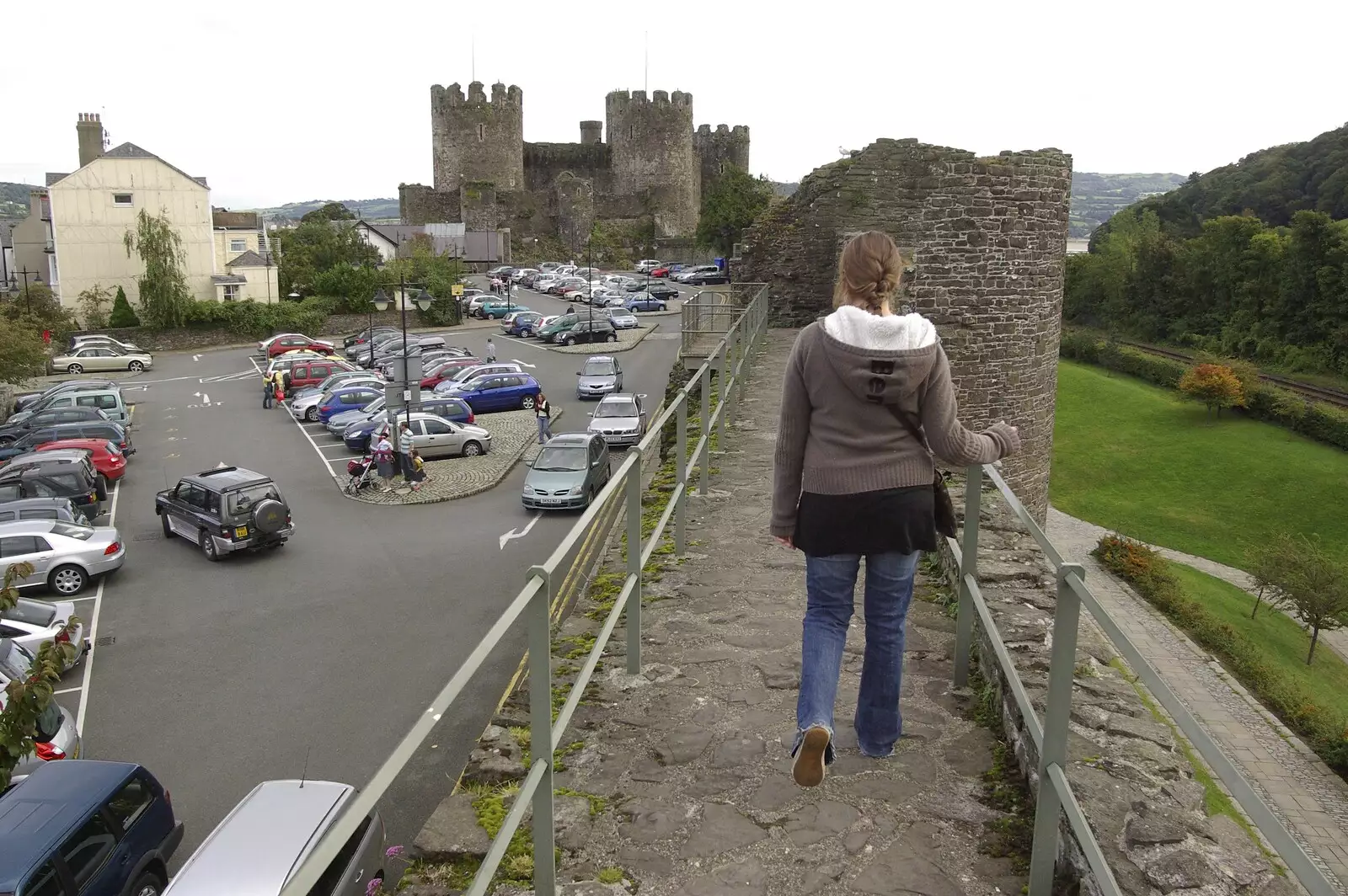 Isobel wanders the castle walls, from A Road Trip to Ireland Via Sandbach and Conwy, Cheshire and Wales - 21st September 2007