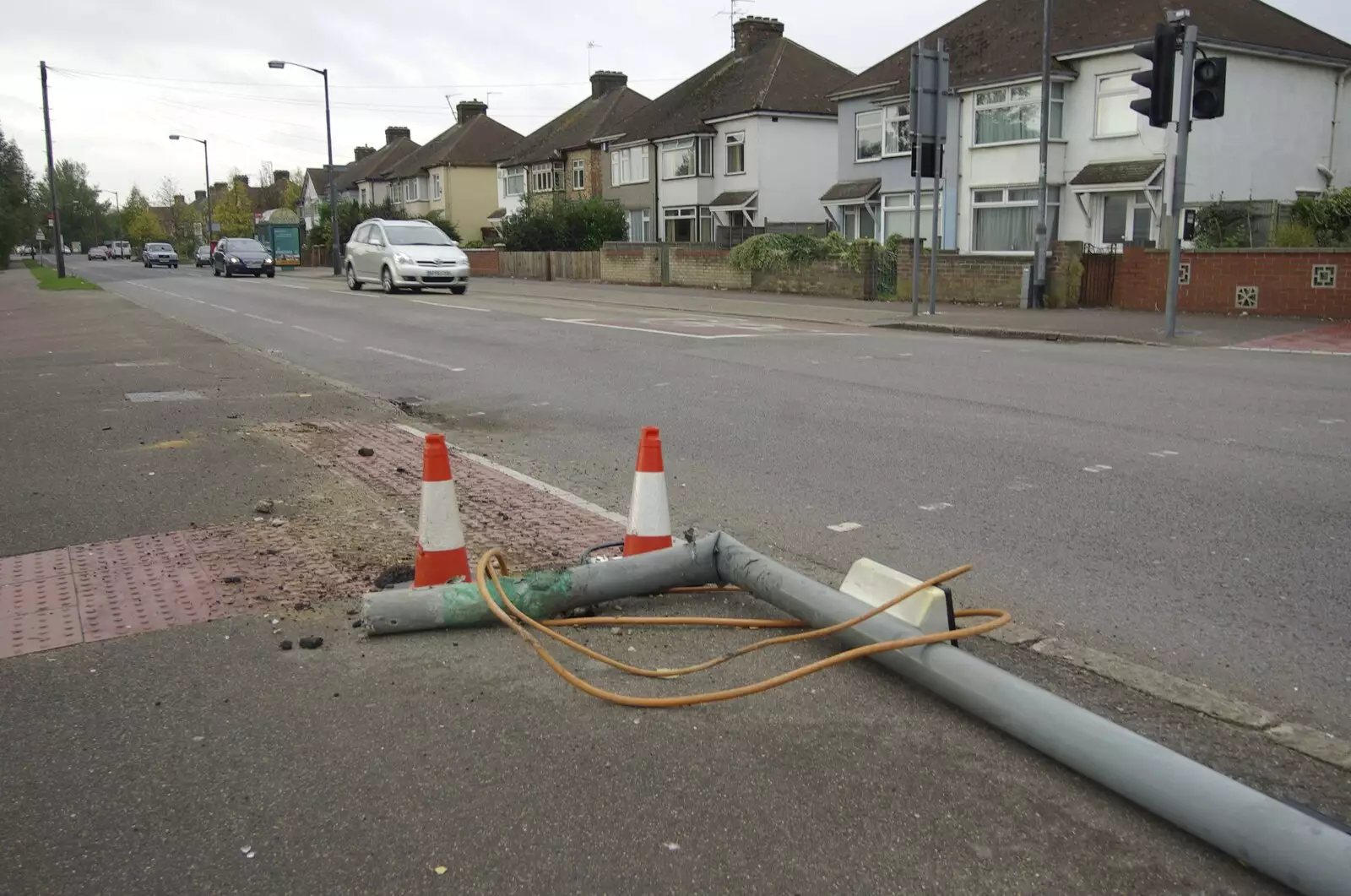 A destroyed traffic-light post on Coldham's Lane, from Coldham's Traffic Light Destruction, and a Trip to the Pier, Cambridge and Southwold - 21st October 2007