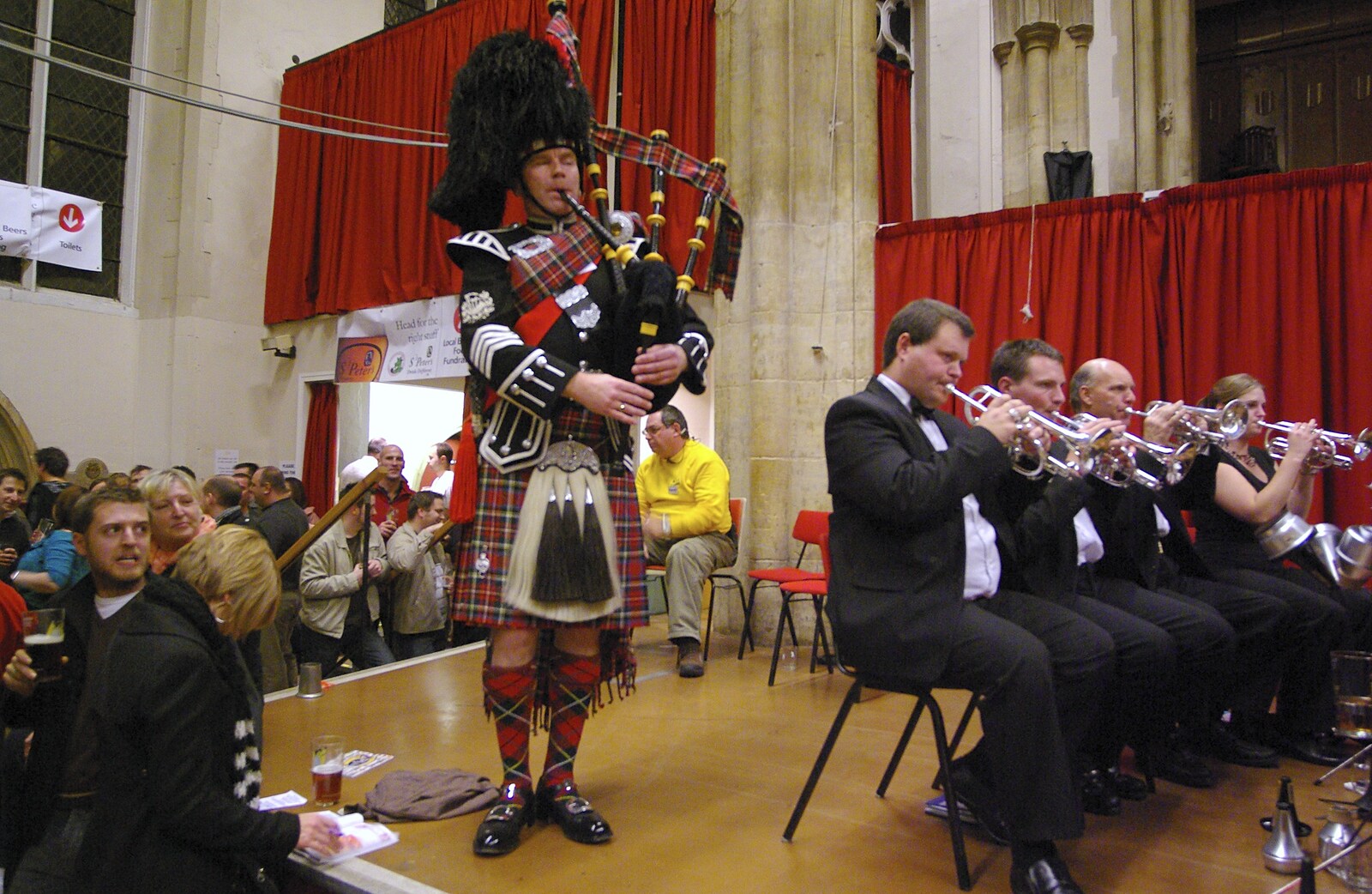 A piper joins the Cawston Silver Band on stage from The Brome Swan at the 30th Norwich Beer Festival, Norfolk - 24th October 2007