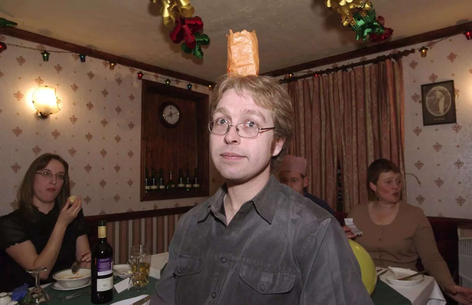 Marc gets the hat to stay in place, from The BSCC Christmas Dinner, Swan Inn, Brome, Suffolk - 8th December 2007