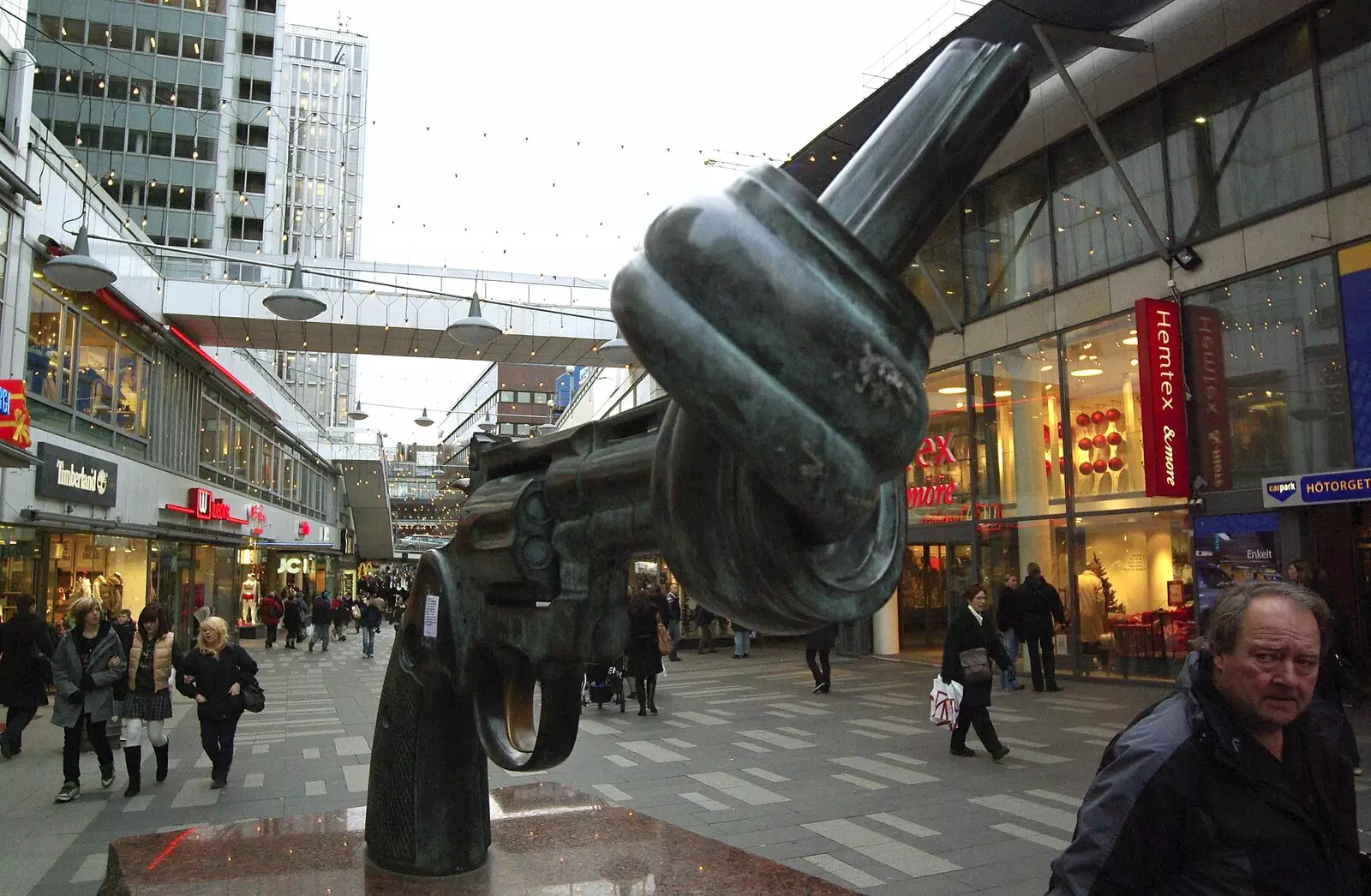 The famous anti-war twisted Colt revolver, from Gamla Stan, Stockholm, Sweden - 15th December 2007