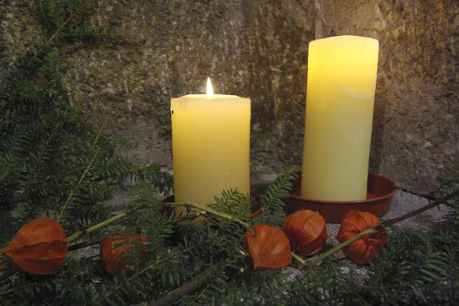 Candles and Physalis in St. Michael's, Chagford, from Christmas at Sis and Matt's, Chagford, Devon - 25th December 2007