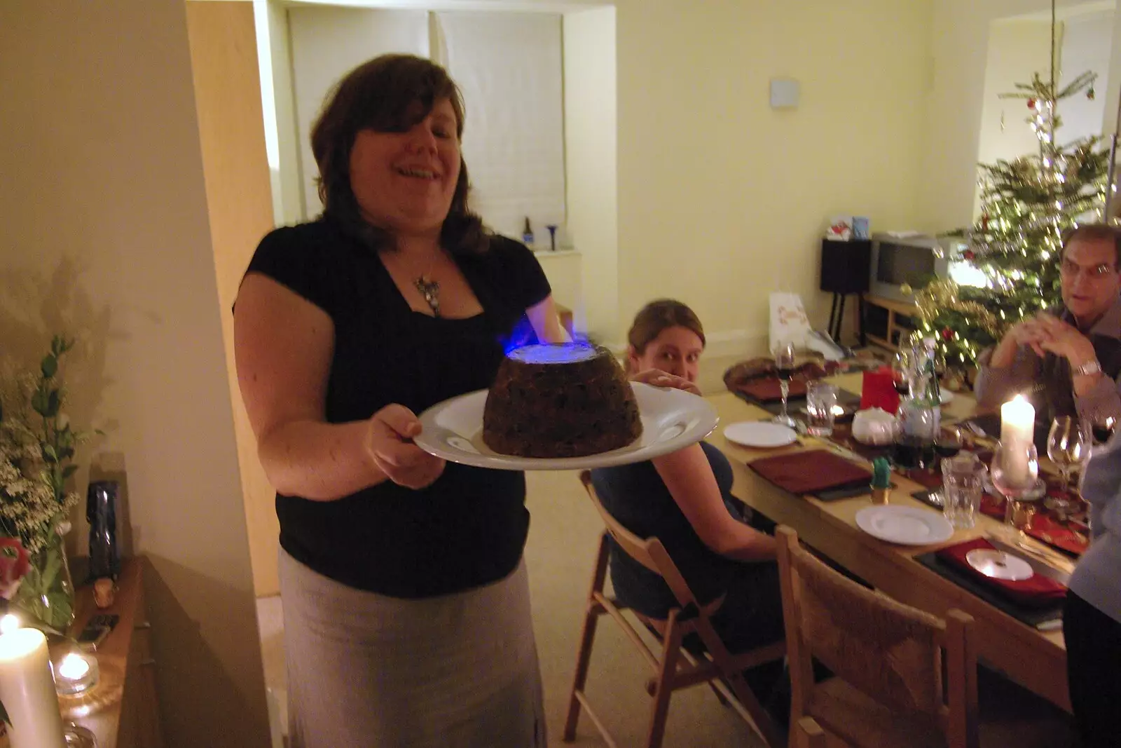 Sis brings in a flaming Christmas pudding, from Christmas at Sis and Matt's, Chagford, Devon - 25th December 2007