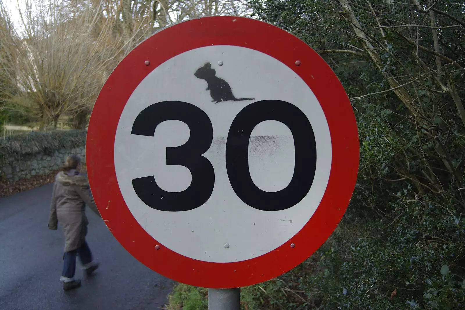 Someone has decorated a 30mph sign, from Matt's Allotment and Meldon Hill, Chagford, Devon - 26th December 2007