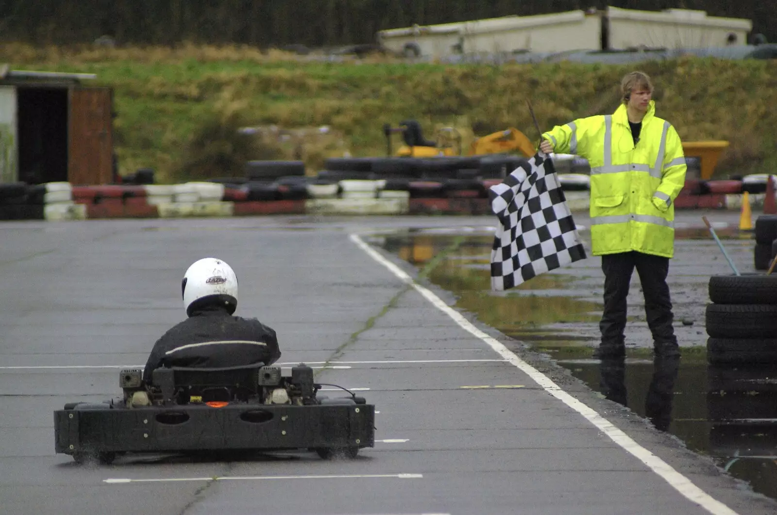 The chequered flag is waved, from Gov's Stag-Day Karting, Ellough Airfield, Beccles, Suffolk - 19th January 2008