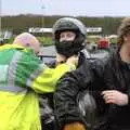 Gov helps Mikey-P out of his helmet, Gov's Stag-Day Karting, Ellough Airfield, Beccles, Suffolk - 19th January 2008