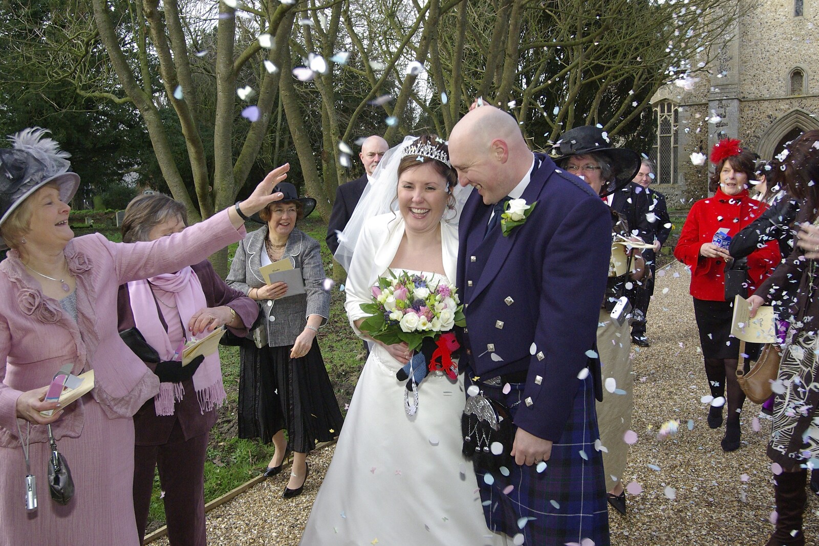 Confetti is thrown about in the winter wind from Gov and Rachel's Wedding, Thorndon, Suffolk - 2nd February 2008
