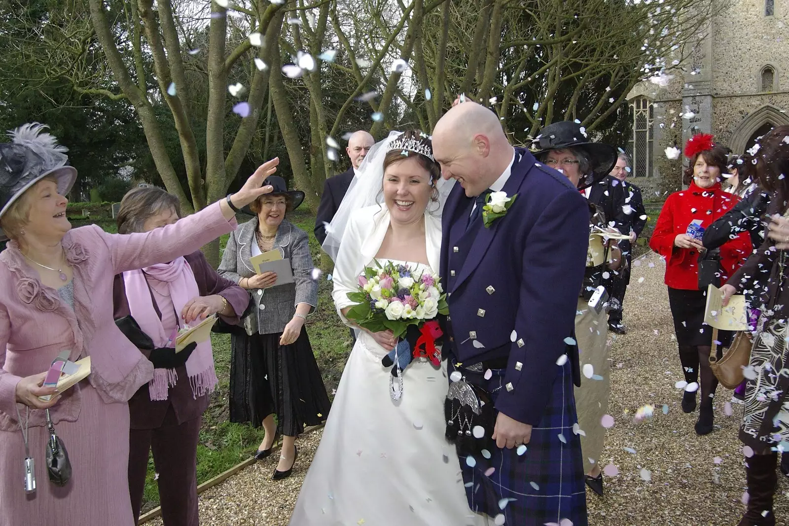 Confetti is thrown about in the winter wind, from Gov and Rachel's Wedding, Thorndon, Suffolk - 2nd February 2008