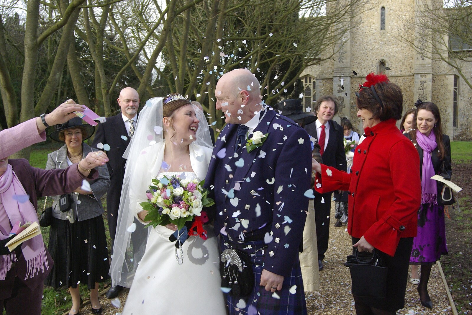 Rachel and Gov and a shower of confetti from Gov and Rachel's Wedding, Thorndon, Suffolk - 2nd February 2008