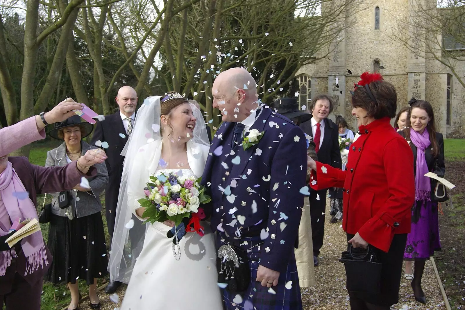 Rachel and Gov and a shower of confetti, from Gov and Rachel's Wedding, Thorndon, Suffolk - 2nd February 2008