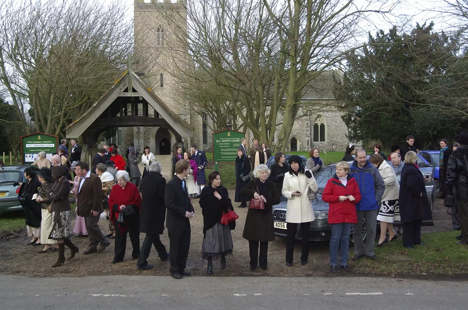The remaining wedding guests mill around outside the church, from Gov and Rachel's Wedding, Thorndon, Suffolk - 2nd February 2008