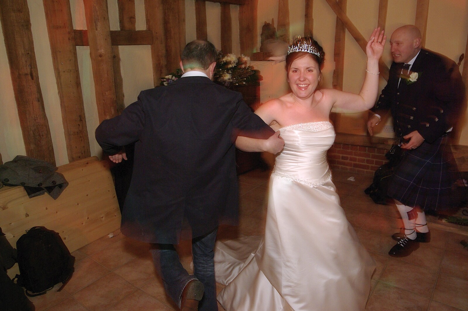 Rachel whirls around with DH in tow from Gov and Rachel's Wedding, Thorndon, Suffolk - 2nd February 2008
