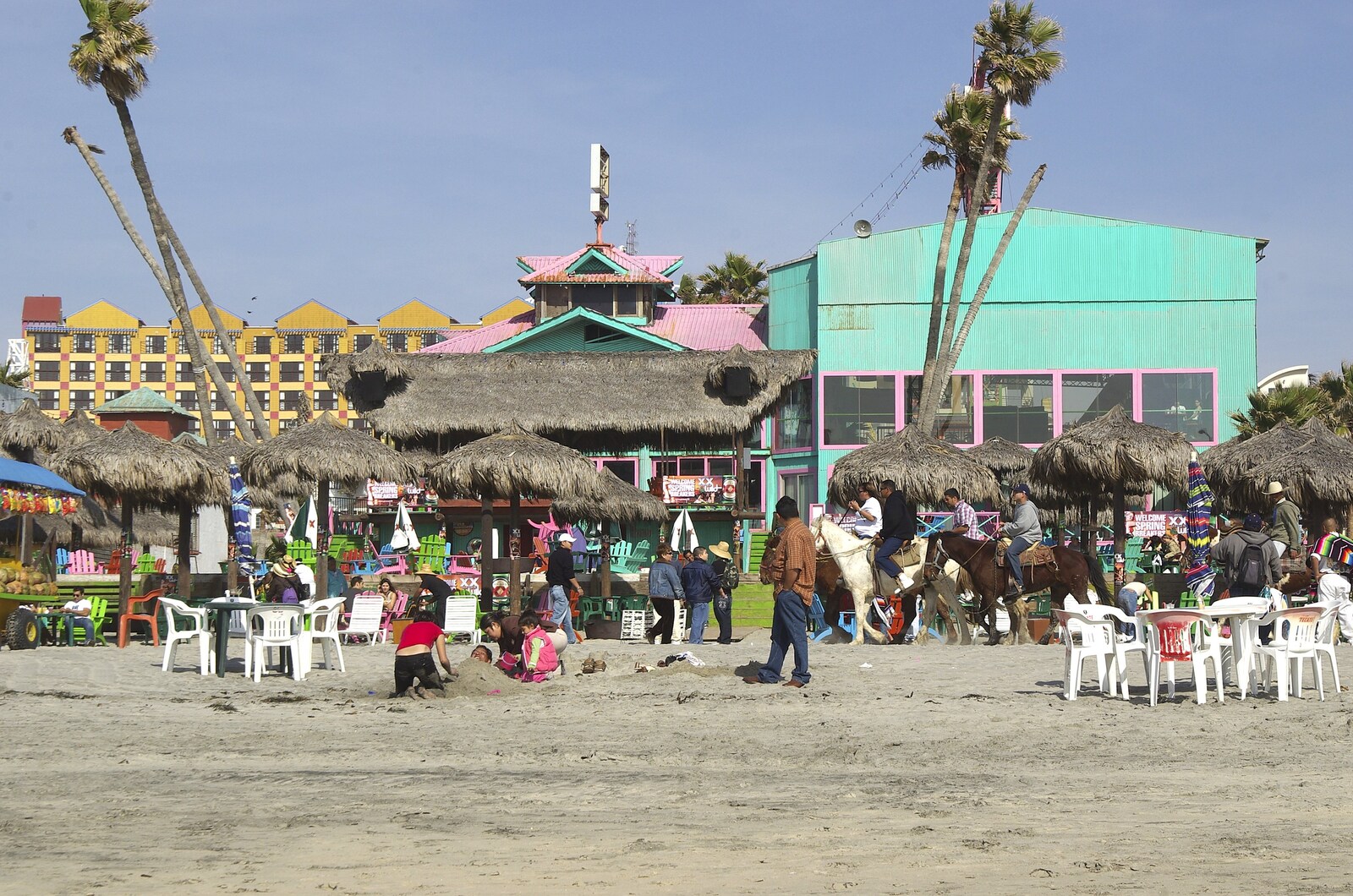 Rosarito and Tijuana, Baja California, Mexico - 2nd March 2008: Lurid buildings on the beach