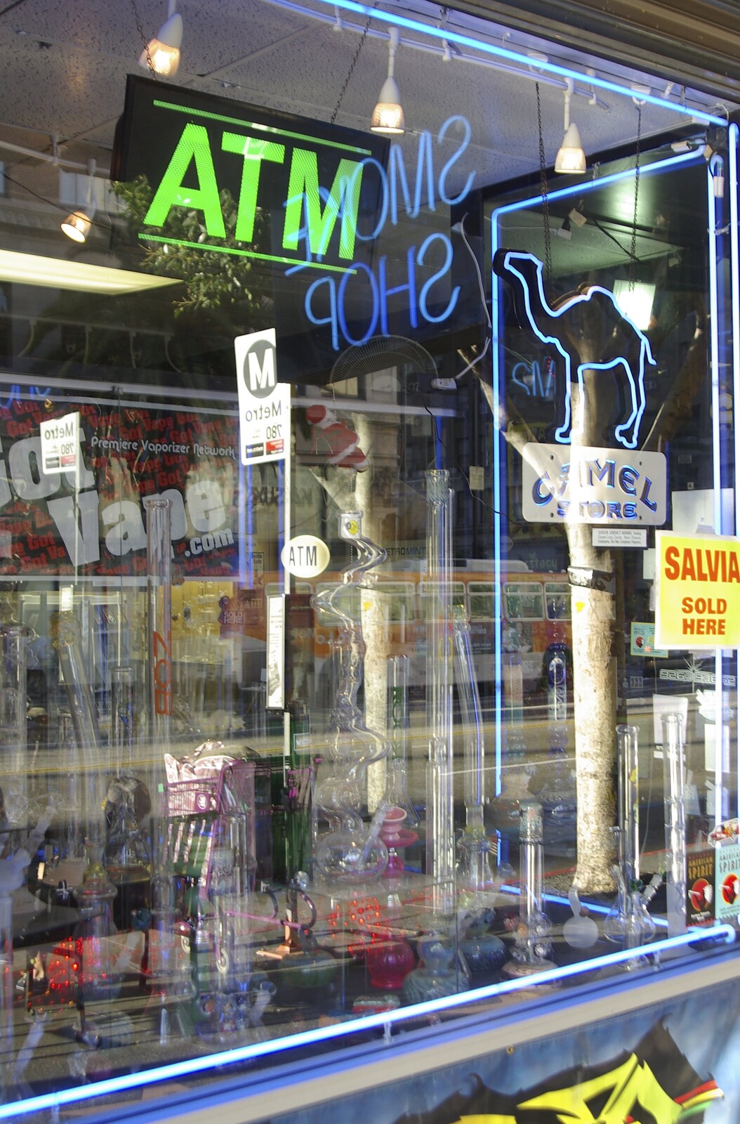 San Diego and Hollywood, California, US - 3rd March 2008: A groovy assortment of neon and glass bongs