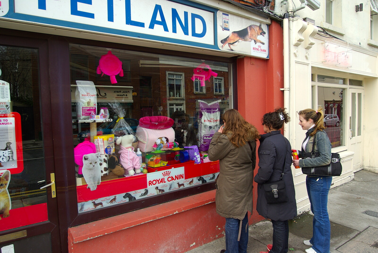 Easter in Dublin, Ireland - 21st March 2008: Isobel, Evelyn and Jen look at a cat in a petshop 