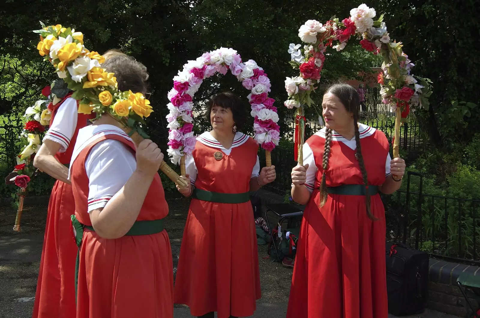 Ladies with hoops of flowers, from Morris Dancing, and Rick Wakeman Opens the Park Pavillion Mural, Diss, Norfolk - 30th May 2008