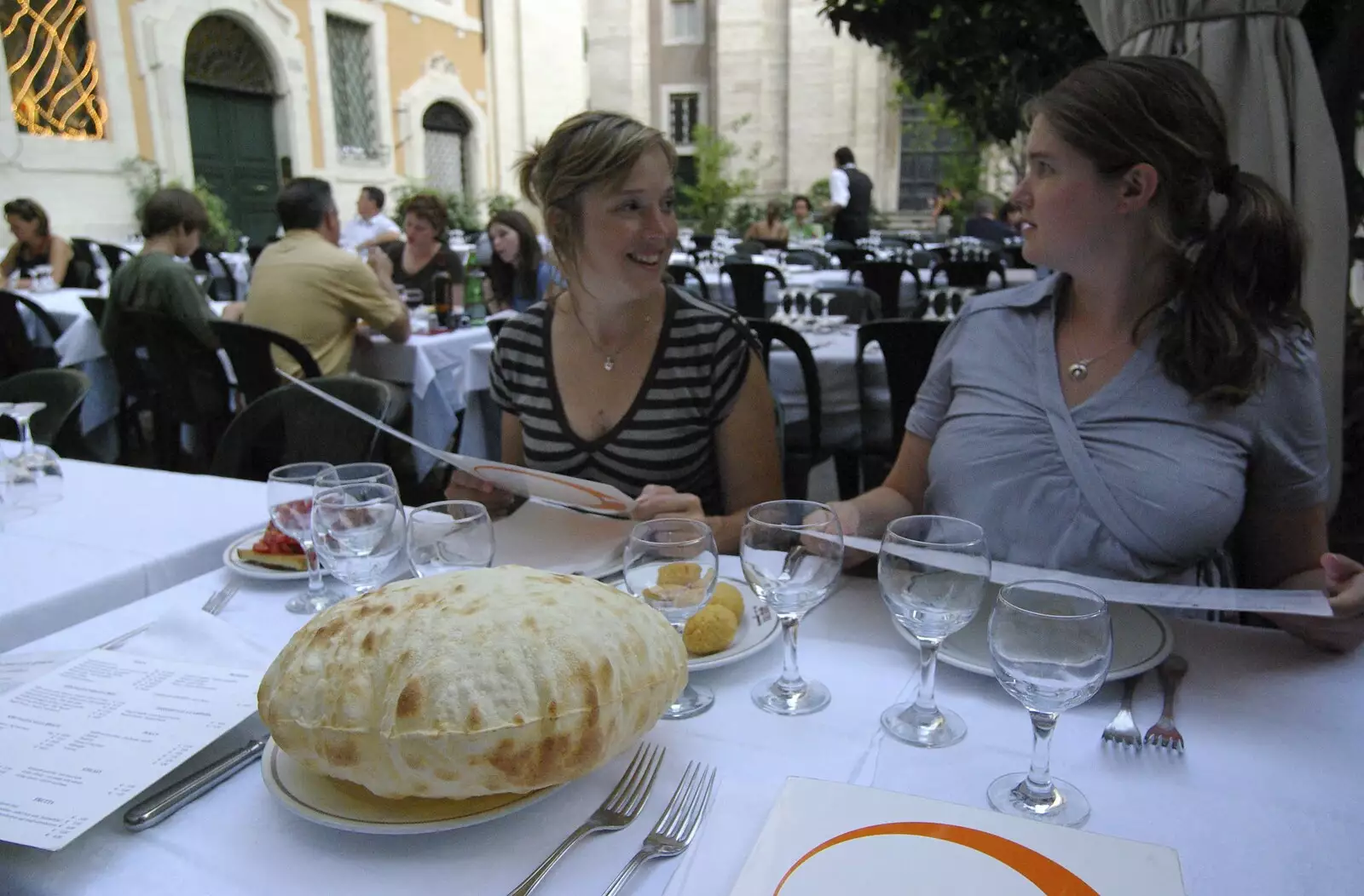 Jules, Isobel and a huge puffy bread-thing, from A Sojourn in The Eternal City, Rome, Italy - 22nd July 2008