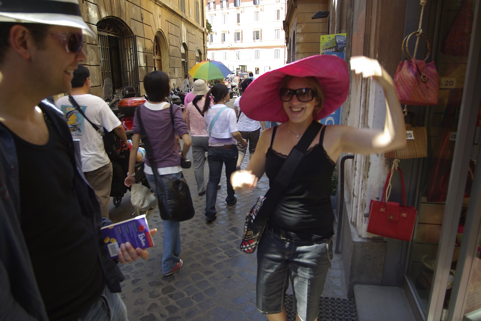 Jules tries on a hat from A Sojourn in The Eternal City, Rome, Italy - 22nd July 2008