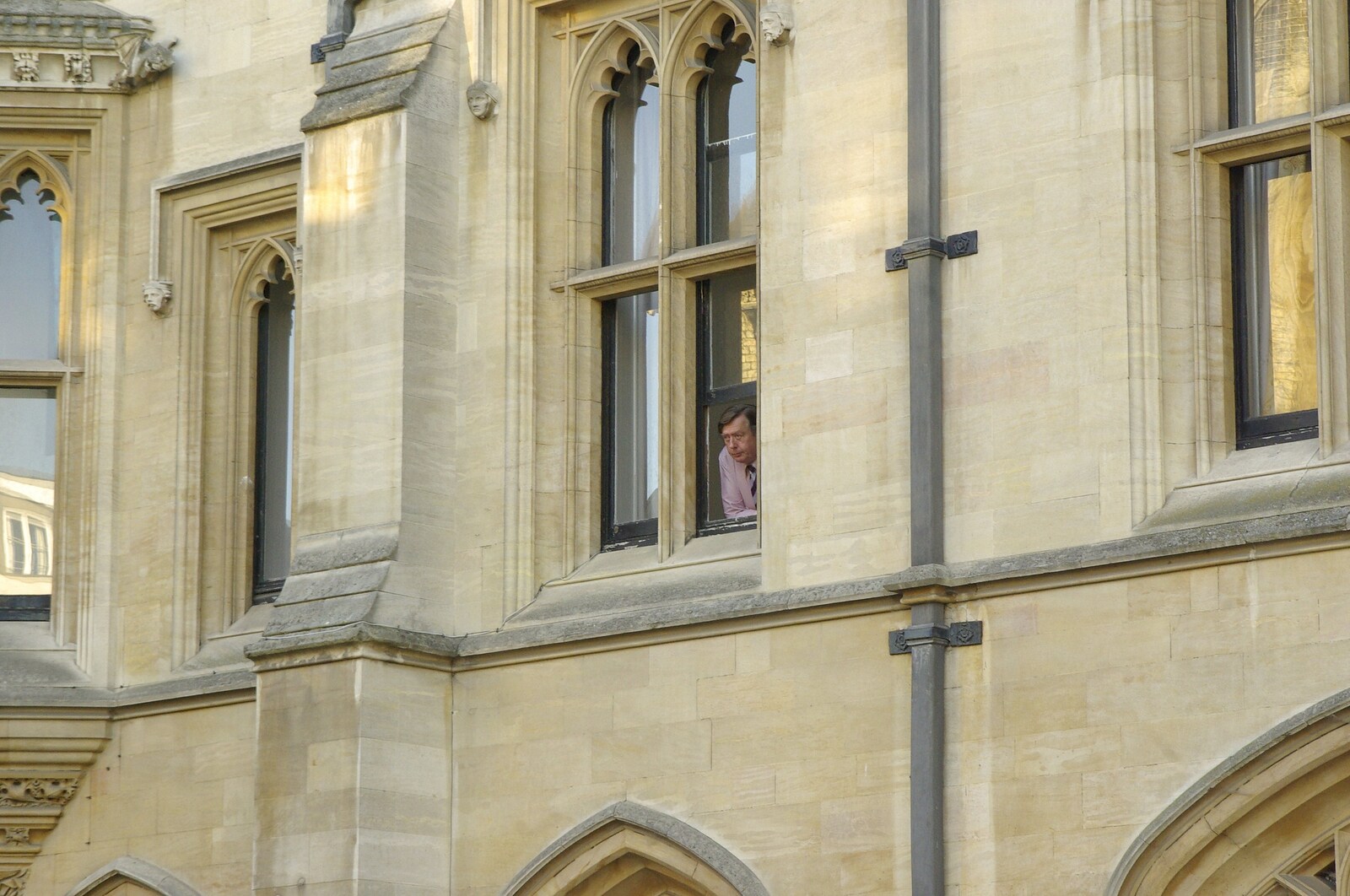 Some college dude peers out from his study window from A Brief Time in History: Stephen Hawking and the Corpus Christi Clock, Benet Street, Cambridge - 19th September 2008