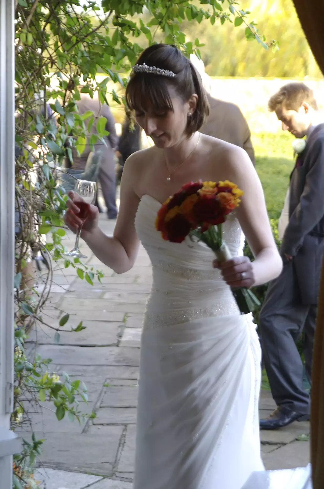 Emma comes in with a bunch of flowers, from Matt and Emma's Wedding, Quendon, Essex - 7th November 2008