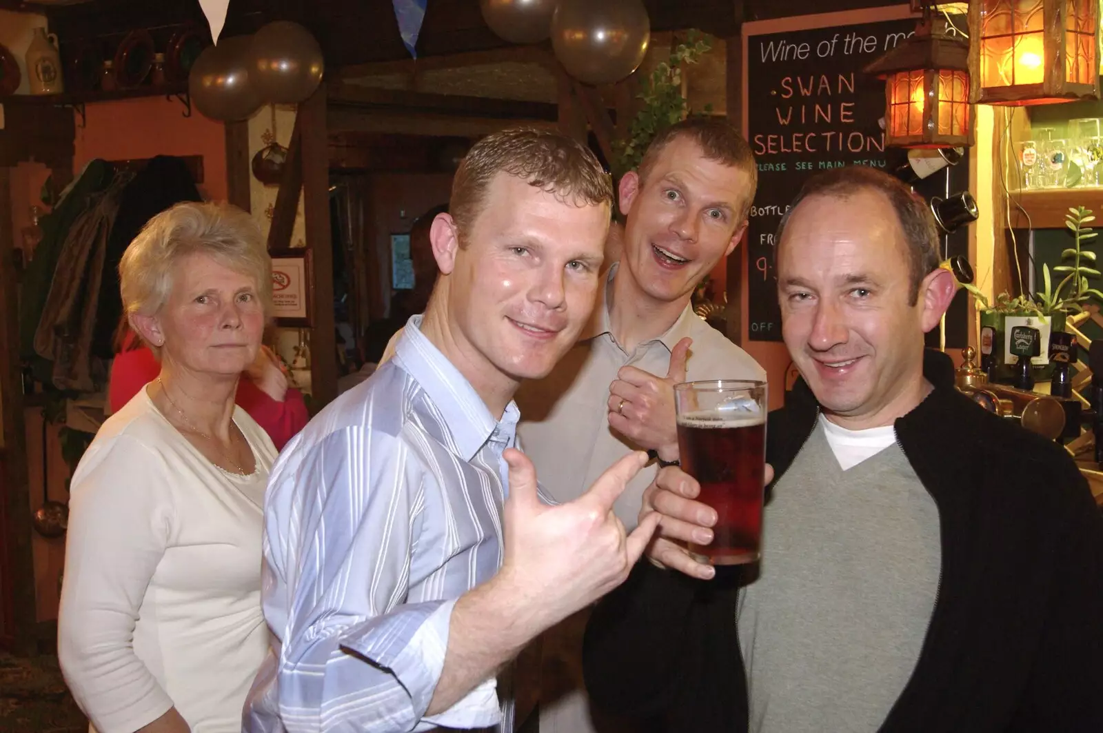 Mikey-P, Andy and DH with a beer, from The Swan Inn's 25th Anniversary, Brome, Suffolk - 14th November 2008