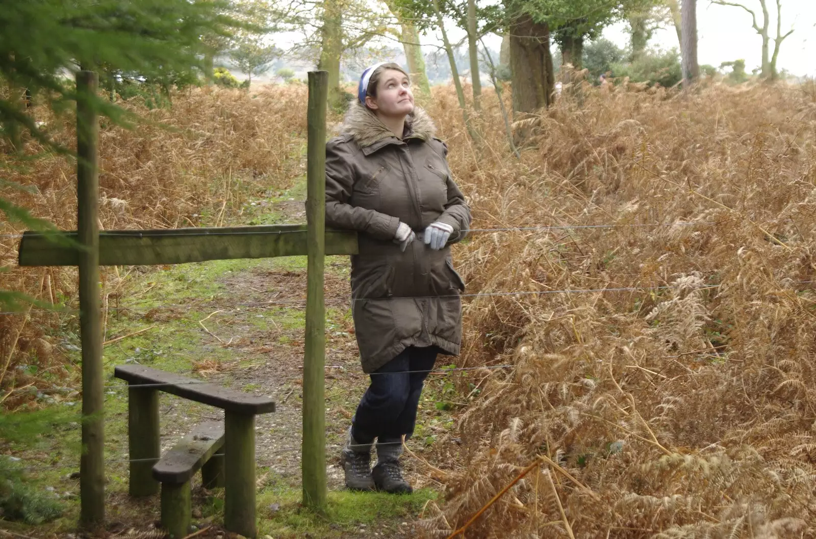 Isobel waits by a style, from A Walk in the Forest, and Visiting Grandmother, The New Forest, Hampshire - 28th November 2008