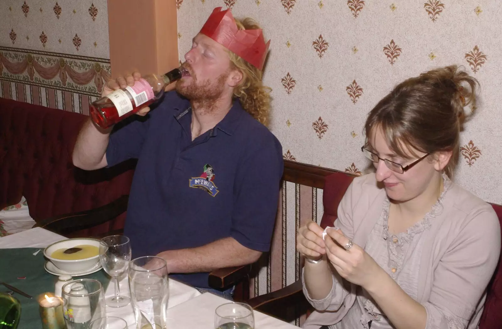 Wavy sneaks a quick swig in, from The BSCC Christmas Dinner, The Swan Inn, Brome, Suffolk - 6th December 2008