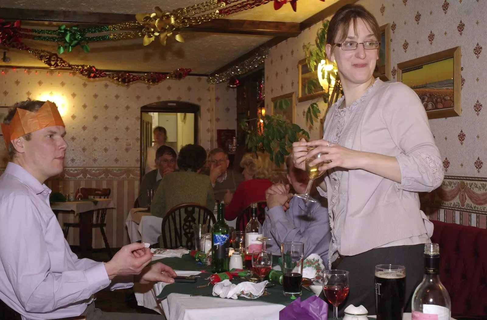 Suey stands up, from The BSCC Christmas Dinner, The Swan Inn, Brome, Suffolk - 6th December 2008